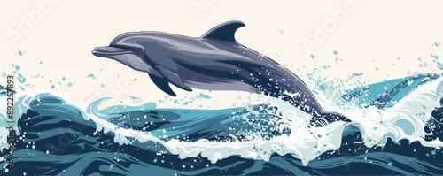 A playful dolphin leaping out of the ocean waves, displaying joy and freedom in the marine world on a white background. Vector flat minimalistic isolated