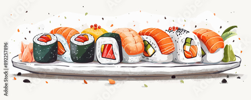 A colorful sushi platter with various rolls, sashimi, and nigiri on a white background. Vector flat minimalistic isolated