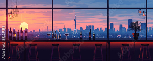 Urban rooftop bar with city skyline views Vector flat minimalistic isolated illustration