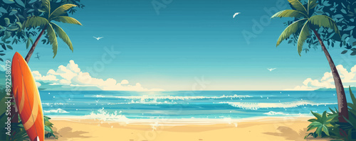 Tranquil beach scene with palm trees and surfboard Vector flat minimalistic isolated illustration