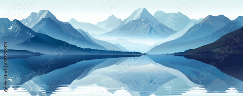 A peaceful mountain lake reflecting the surrounding peaks. Vector flat minimalistic isolated illustration.