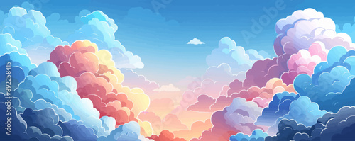 Fluffy clouds drifting across a vibrant sky. Vector flat minimalistic isolated illustration.