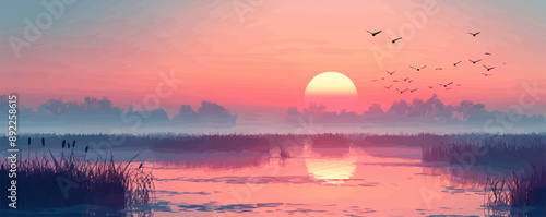 A radiant sunrise over a misty marsh with birds flying overhead. Vector flat minimalistic isolated illustration