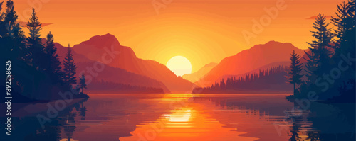 Golden hour sunset casting warm hues over a tranquil lake. Vector flat minimalistic isolated illustration.