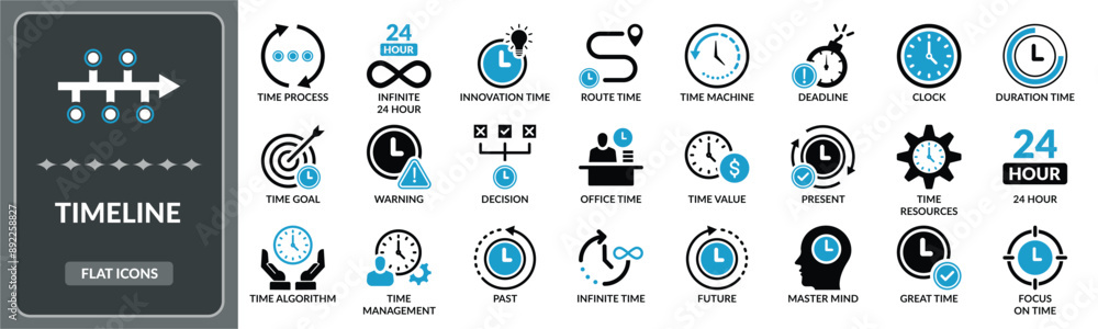 Time line icon set. Set of Time resources, time, deadline, time algorithm flat icons EPS10- Stock Vector