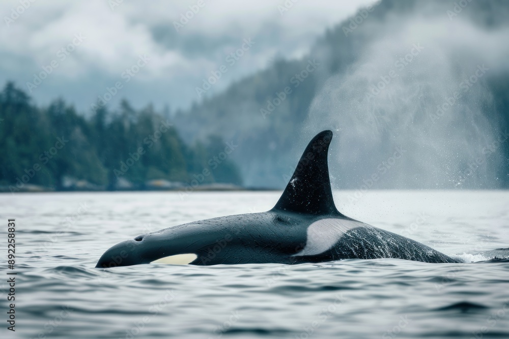 Fototapeta premium Orca Killerwhale jumps out of the water traveling on ocean water