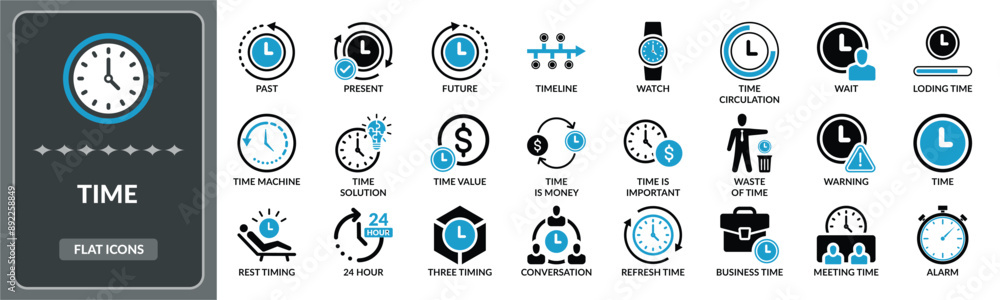 Time icon set. Set of Time management, time value,  time line flat icons EPS10- Stock Vector