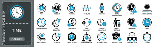 Time icon set. Set of Time management, time value,  time line flat icons EPS10- Stock Vector