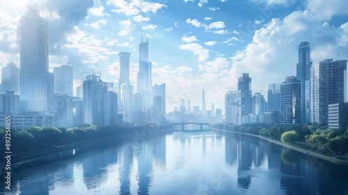 A modern cityscape with skyscrapers and a river running through the middle.