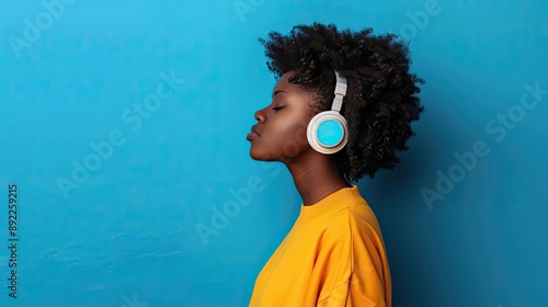 A person listening to music on modern wireless headphones with a retro design, blending nostalgia with convenience photo