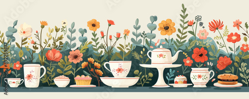 A whimsical garden party with tea and pastries served on vintage china. Vector flat minimalistic isolated