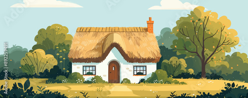 Quaint countryside cottage with a thatched roof Vector flat minimalistic isolated