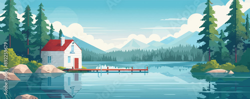 A serene lakeside cabin surrounded by pine trees and a dock stretching into the water. Vector flat minimalistic isolated illustration.