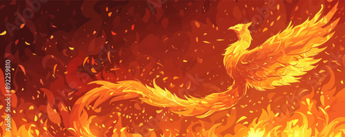 Illustrious phoenix rising from the ashes with fiery grace. Vector flat minimalistic isolated illustration.