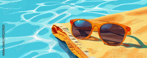 A pair of sunglasses resting on a beach towel. Vector flat minimalistic isolated