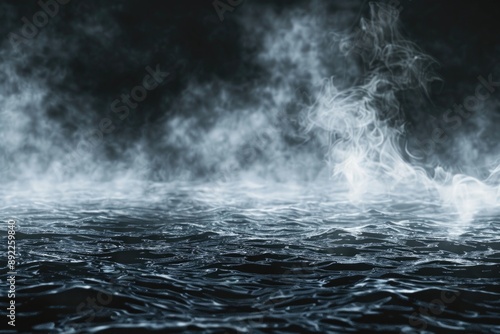 Steam rises from the surface of a large body of water, perfect for a mysterious or atmospheric scene
