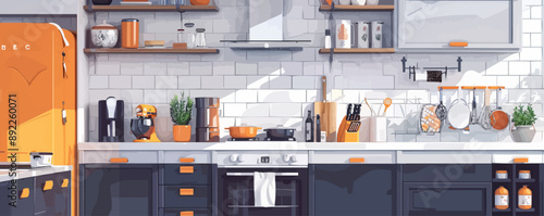 Modern kitchen with appliances, pots, and pans on a white background. Vector flat isolated illustration.