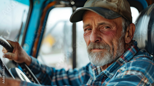 A man in a truck is driving and wearing a hat