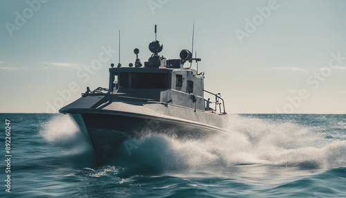 A fast attack boat slicing through calm waters on a clear summer day, with a bright blue sky and sun
 photo