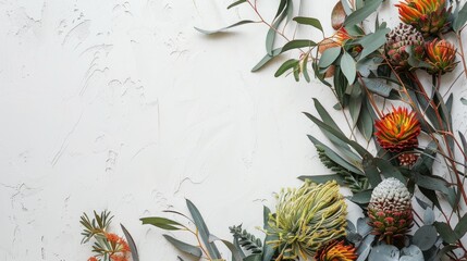 Artistic arrangement of Banksias and Eucalyptus on white backdrop with space for text