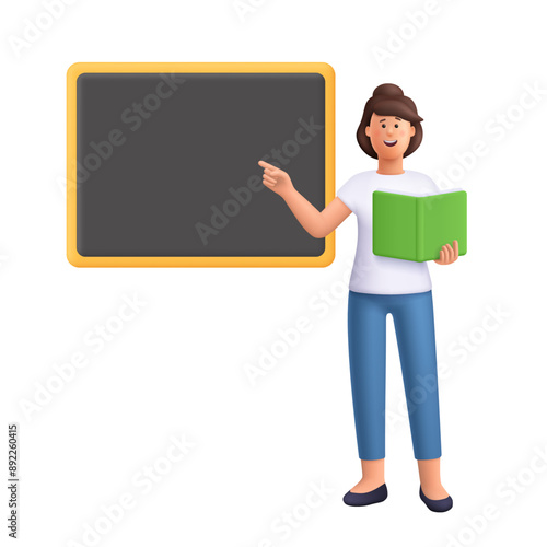 Young smiling woman standing in front of a blackboard and holding book, pointing showing on board. Education concept. 3d vector people character illustration. Cartoon minimal style.