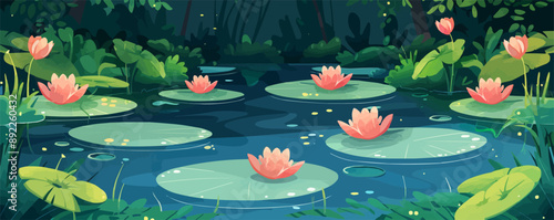 A tranquil pond surrounded by lush greenery and blooming water lilies. Vector flat minimalistic isolated