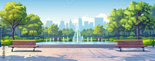 Modern city park with fountains and benches Vector flat minimalistic isolated