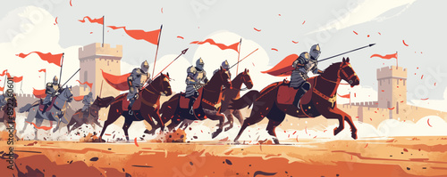 Medieval jousting tournament with knights in full armor. Vector flat minimalistic isolated illustration.