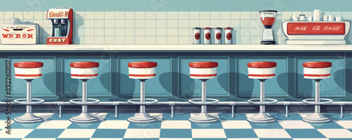 Retro diner counter with swivel stools Vector flat minimalistic isolated illustration