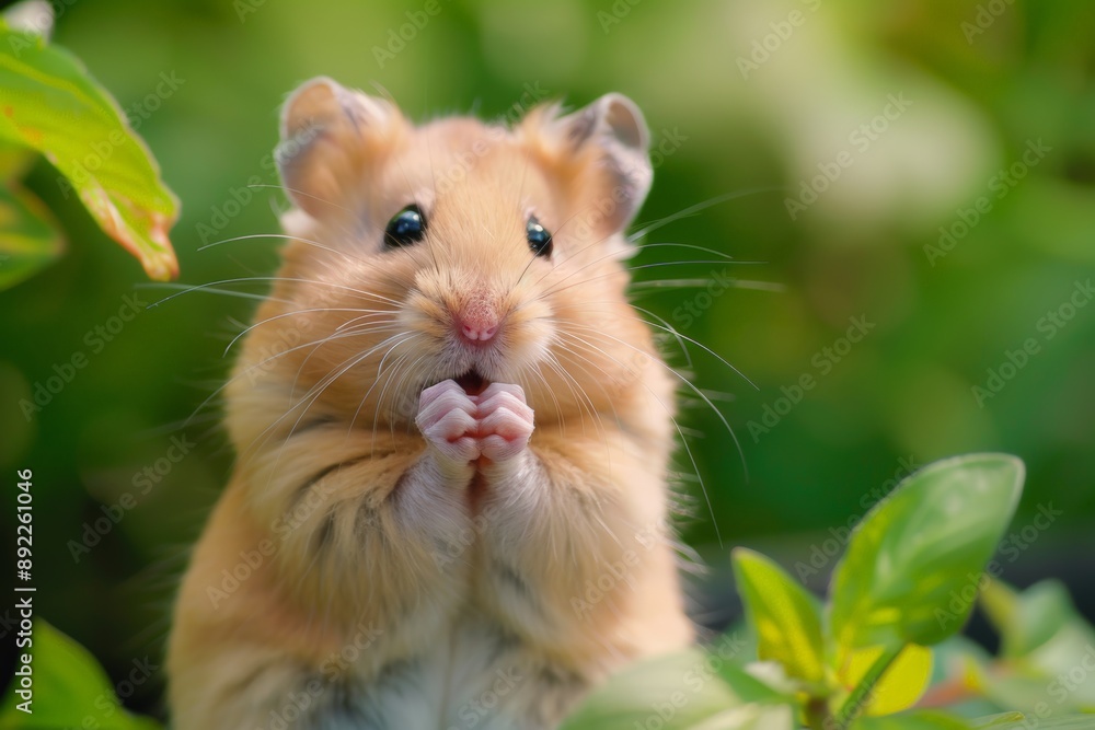 The cute hamster, tiny paws held close, looking up with wide eyes in a lush green garden, adorable animal, nature beauty concept The cute hamster, tiny paws held close, looking up with wide eyes in a lush green garden, adorable animal, nature beauty concept