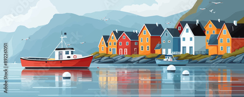 A tranquil seaside village with colorful houses and fishing boats. Vector flat minimalistic isolated illustration.