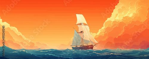 Sailing ship navigating treacherous waters in search of adventure. Vector flat minimalistic isolated