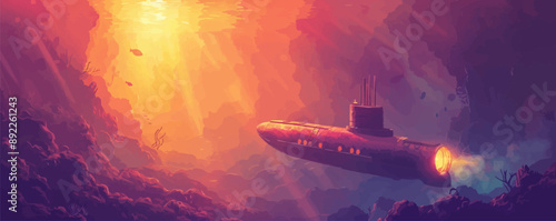 Deep-sea submarine exploring an underwater canyon. Vector flat minimalistic isolated illustration.