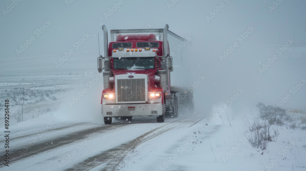A red semi truck is driving down a snowy road A red semi truck is driving down a snowy road