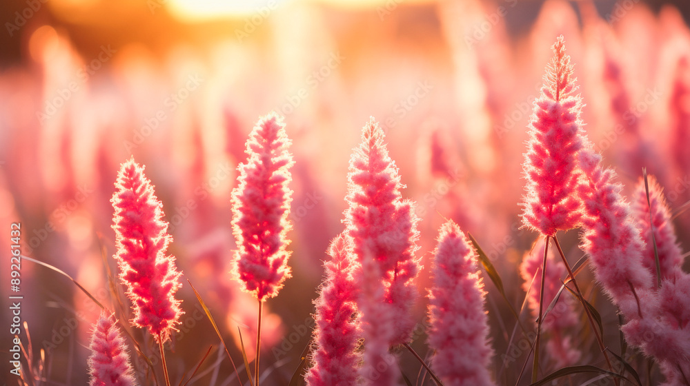 Beautiful Field of Pink Flowers at Sunset with Warm Golden Light and Soft Focus Beautiful Field of Pink Flowers at Sunset with Warm Golden Light and Soft Focus