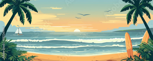 Tropical beach scene with palm trees and lounge chairs Vector flat minimalistic isolated illustration
