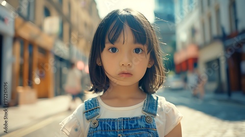 Full-length portrait photo of an 8-year-old Chinese girl with dark brown big eyes, white skin, and a small nose, in overalls, on a sunny London street, captured with extreme detail and hyper-realistic photo