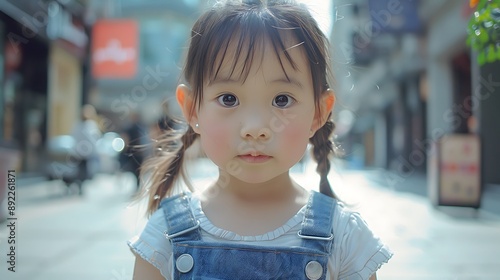 Full body shot photo of a Chinese 8-year-old girl with big dark brown eyes, white skin, and a small nose, wearing overalls, on a sunny London street, front view, medium close-up, detailed in photo