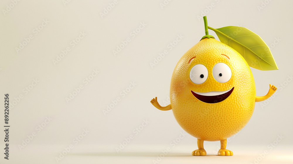 A cheerful cartoon lemon character with arms and legs, standing against a light background, evoking a fun and playful mood. A cheerful cartoon lemon character with arms and legs, standing against a light background, evoking a fun and playful mood.