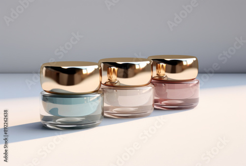 Four jars of makeup with gold caps inside present subtle color gradations, streamlined design, muted tonality photo