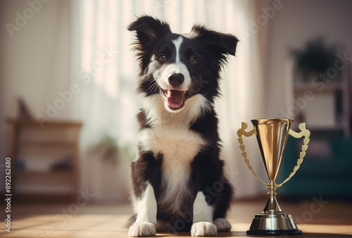 A puppy celebrates with an award trophy, its sharp focus reflecting petcore. photo