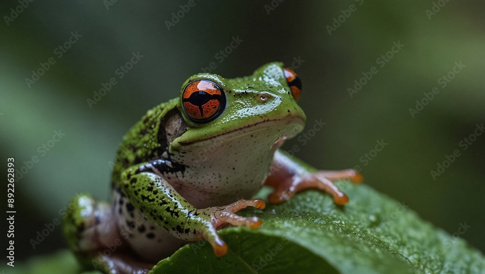 photo of green frog with brown eyes on a leaf made by AI generative photo of green frog with brown eyes on a leaf made by AI generative