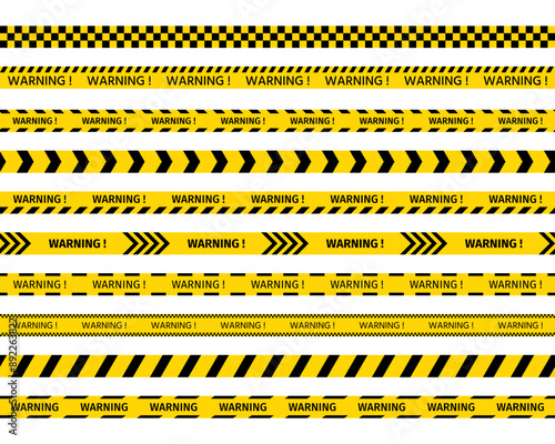 Warning yellow black tapes. Seamless striped boundary lines under hazard construction. Barrier tapes for danger zones. Danger ribbons. Set of caution bands for work places. Vector illustration