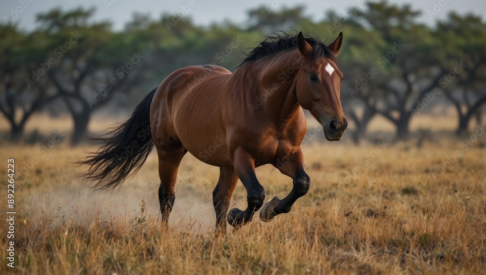 Fototapeta premium photo of a brown horse with a savanna background made by AI generative