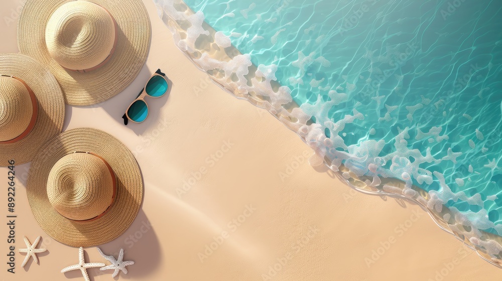 Sandy beach with hats and sunglasses empty ad or packaging design Sandy beach with hats and sunglasses empty ad or packaging design