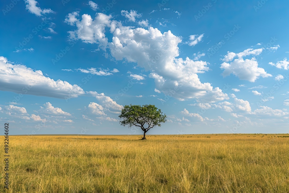 Fototapeta premium A solitary tree stands tall in a vast golden field under a bright blue sky adorned with fluffy white clouds