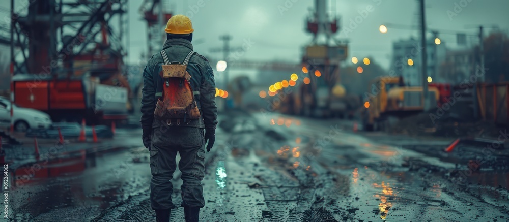 Fototapeta premium Construction Worker Walking Through a Rainy Construction Site