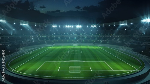 A beautiful stadium with a green field and bright lights