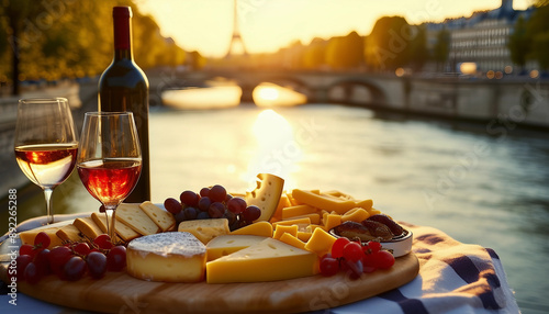 A luxurious picnic is set against the backdrop of the Seine River in Paris, with a cheese plateau
 photo