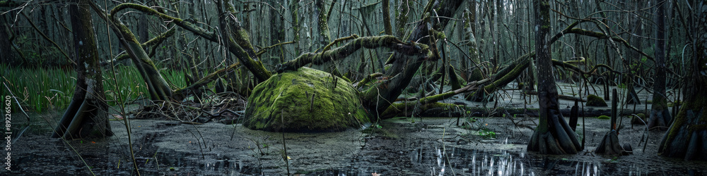 A haunting scene featuring a mossy lichen-covered boulder surrounded by twisted swamp trees during the late dusk blue hour. Generative AI A haunting scene featuring a mossy lichen-covered boulder surrounded by twisted swamp trees during the late dusk blue hour. Generative AI